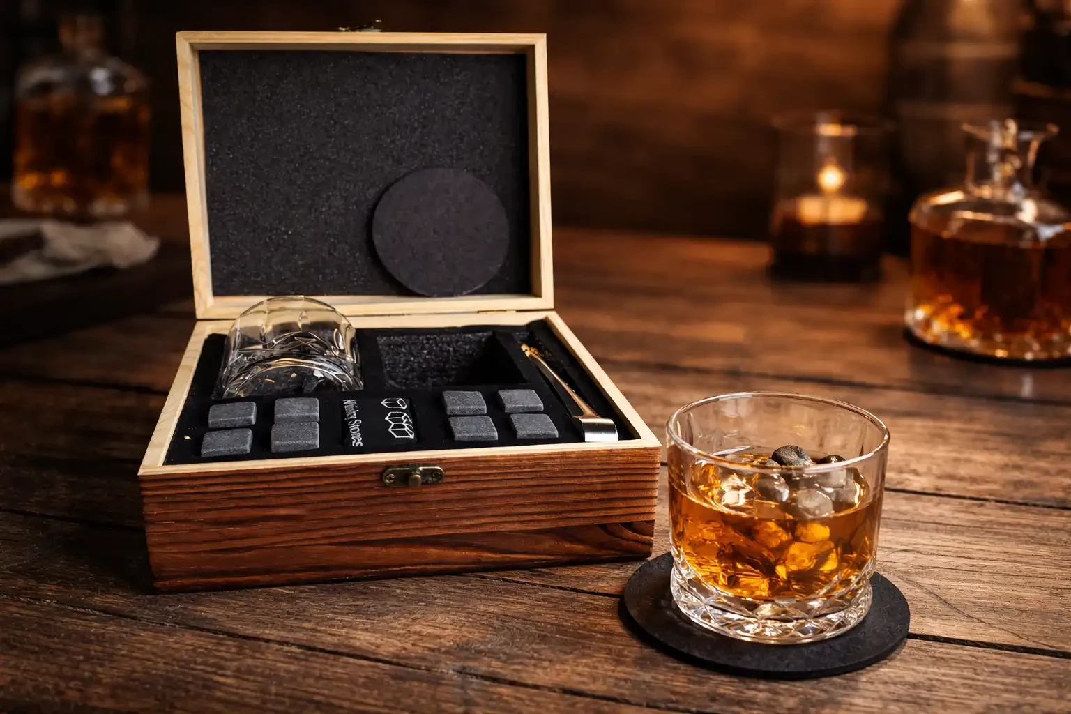Luxe whiskeyglazen met stones in houten kist